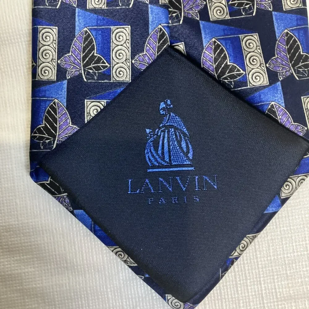 Lanvin‎ Paris Mens Silk Tie Blue Purple Geometric Leaf Made in France Designer